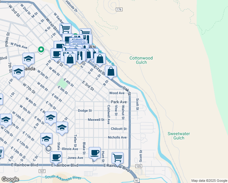 map of restaurants, bars, coffee shops, grocery stores, and more near 121 Wood Avenue in Salida