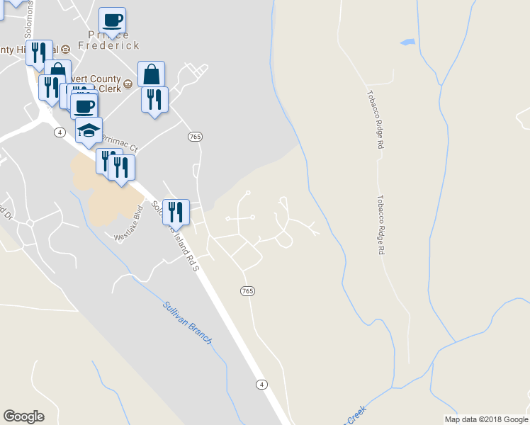map of restaurants, bars, coffee shops, grocery stores, and more near 370 Rachaels Way in Prince Frederick
