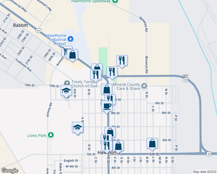 map of restaurants, bars, coffee shops, grocery stores, and more near 950 E Street in Hawthorne