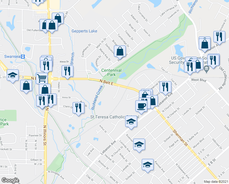 map of restaurants, bars, coffee shops, grocery stores, and more near 1721 Shadow Ridge Court in Belleville