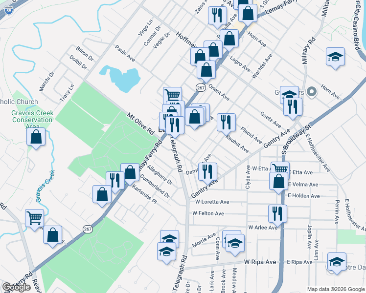 map of restaurants, bars, coffee shops, grocery stores, and more near 1204 Telegraph Road in St. Louis