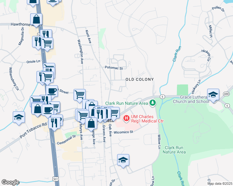 map of restaurants, bars, coffee shops, grocery stores, and more near 112 Kalmia Court in La Plata