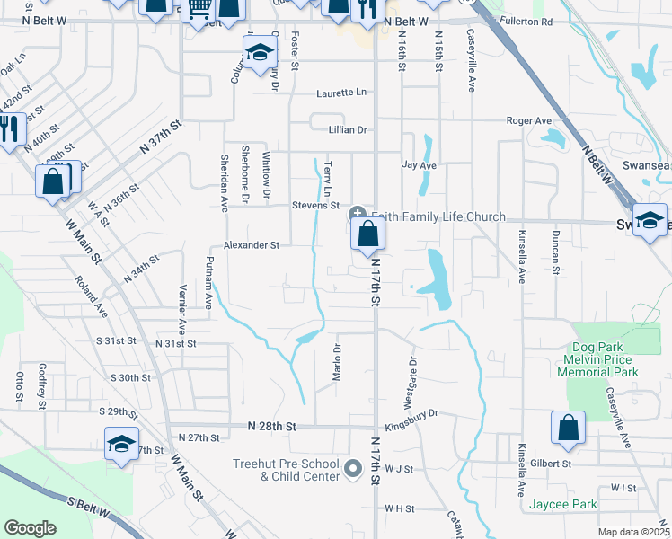 map of restaurants, bars, coffee shops, grocery stores, and more near 101 Westwood Drive in Belleville