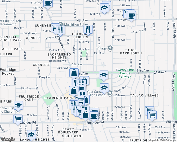 map of restaurants, bars, coffee shops, grocery stores, and more near 4549 54th Street in Sacramento