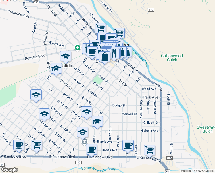 map of restaurants, bars, coffee shops, grocery stores, and more near 436 D Street in Salida