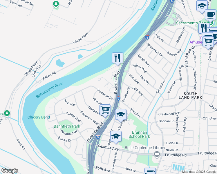 map of restaurants, bars, coffee shops, grocery stores, and more near 1050 Rio Lane in Sacramento