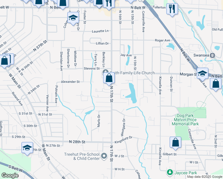 map of restaurants, bars, coffee shops, grocery stores, and more near 1300 North 17th Street in Belleville