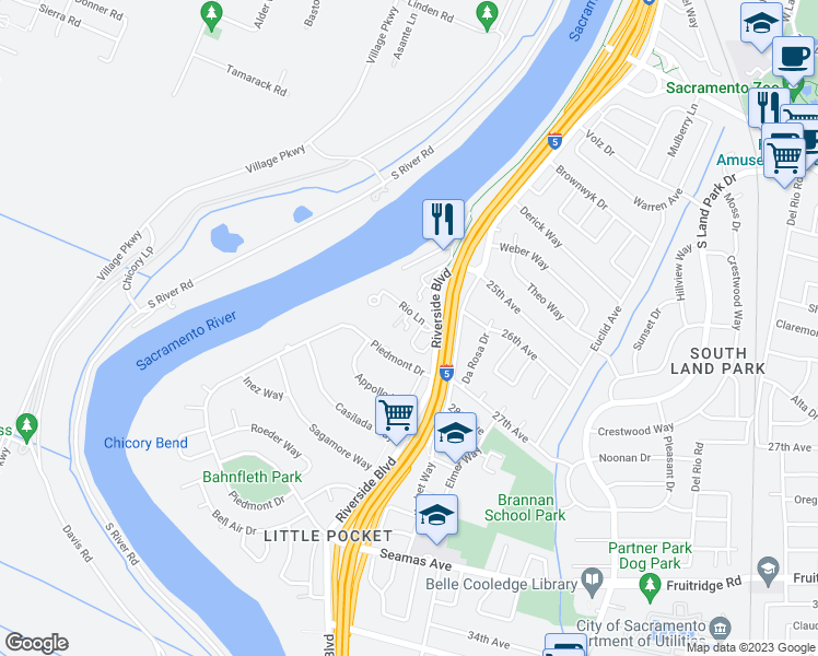 map of restaurants, bars, coffee shops, grocery stores, and more near 1058 Rio Lane in Sacramento