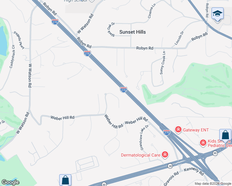 map of restaurants, bars, coffee shops, grocery stores, and more near 9749 Fall Ridge Trail in St. Louis