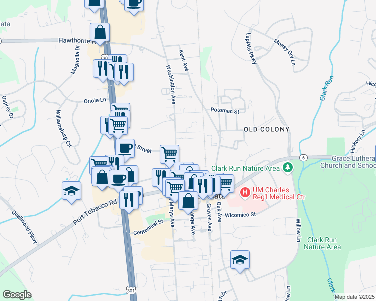 map of restaurants, bars, coffee shops, grocery stores, and more near 206A Washington Avenue in La Plata