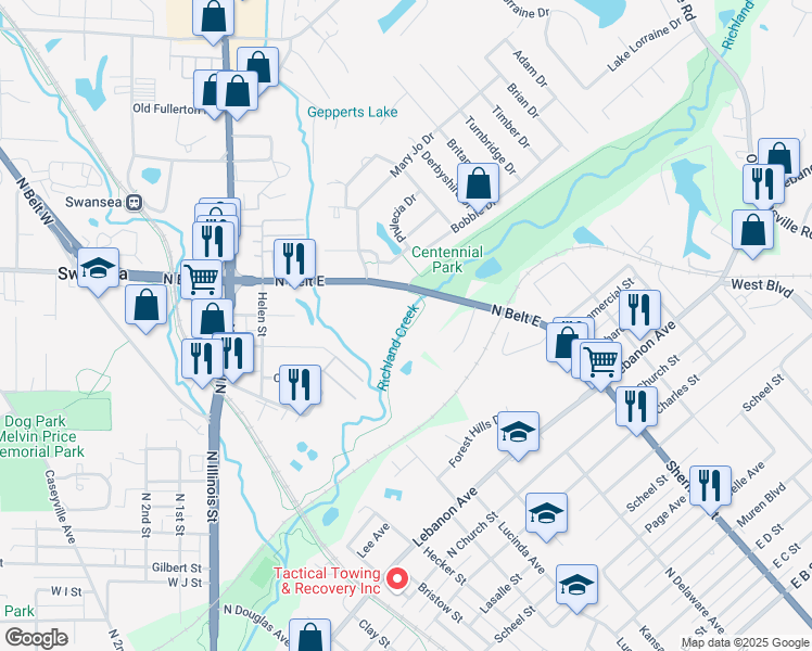 map of restaurants, bars, coffee shops, grocery stores, and more near 317 North Belt East in Belleville