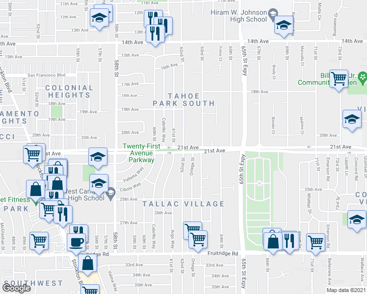 map of restaurants, bars, coffee shops, grocery stores, and more near 21st Avenue & 62nd Street in Sacramento