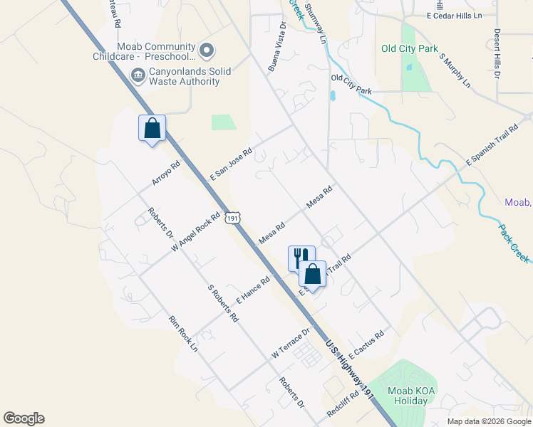 map of restaurants, bars, coffee shops, grocery stores, and more near 2391 Mesa Road in Moab