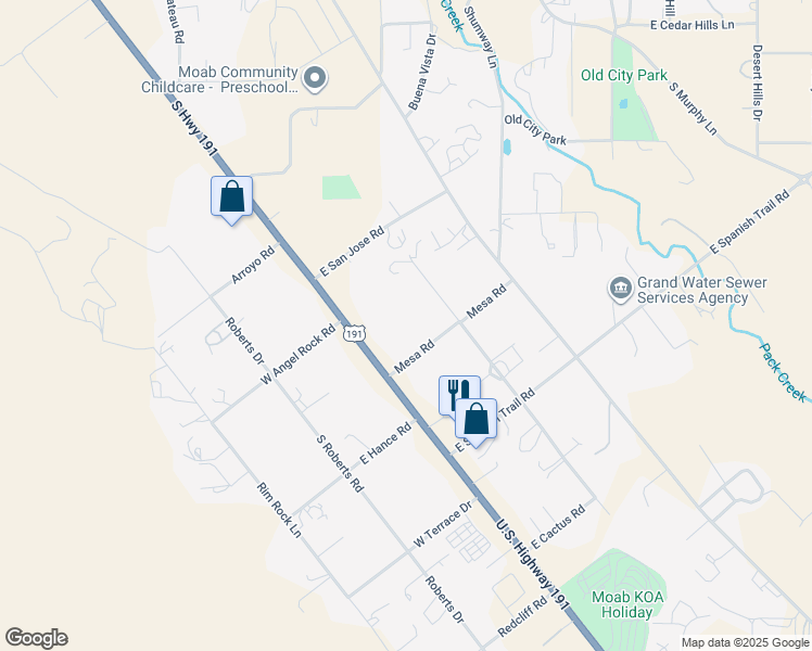 map of restaurants, bars, coffee shops, grocery stores, and more near 2331 Mesa Road in Moab