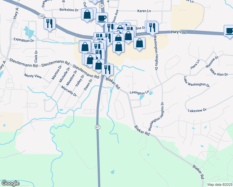 map of restaurants, bars, coffee shops, grocery stores, and more near 35 Whispering Oaks Drive in Washington