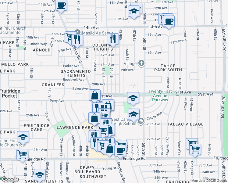 map of restaurants, bars, coffee shops, grocery stores, and more near 4549 54th Street in Sacramento
