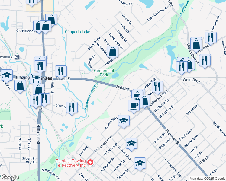 map of restaurants, bars, coffee shops, grocery stores, and more near 43 Wedgewood Drive in Belleville