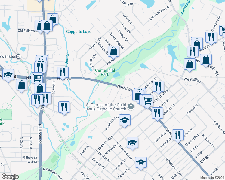 map of restaurants, bars, coffee shops, grocery stores, and more near 1671 Shadow Ridge Court in Belleville