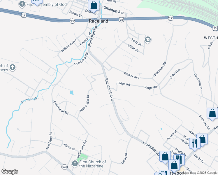 map of restaurants, bars, coffee shops, grocery stores, and more near 1025 Raceland Ave in Raceland