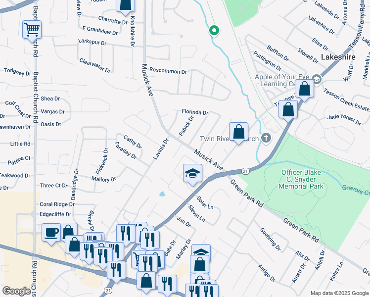 map of restaurants, bars, coffee shops, grocery stores, and more near 10255 Musick Avenue in St. Louis