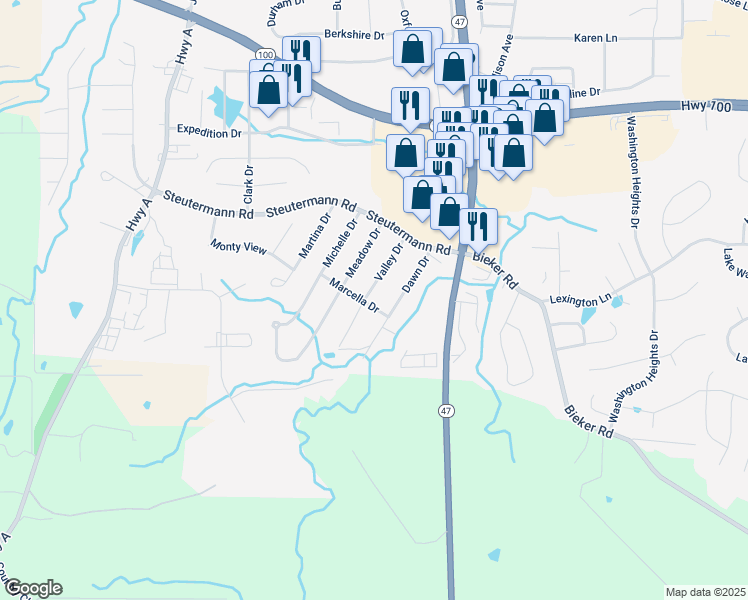 map of restaurants, bars, coffee shops, grocery stores, and more near 121 Dawn Drive in Washington