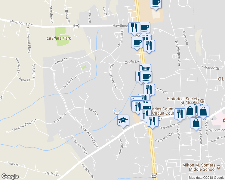 map of restaurants, bars, coffee shops, grocery stores, and more near 101 Hawthorne Greene Circle in La Plata