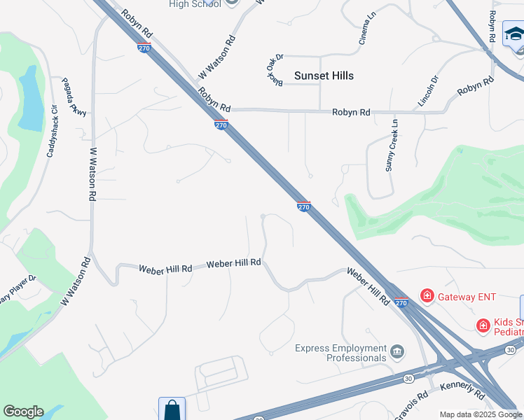 map of restaurants, bars, coffee shops, grocery stores, and more near 9749 Fall Ridge Trail in St. Louis
