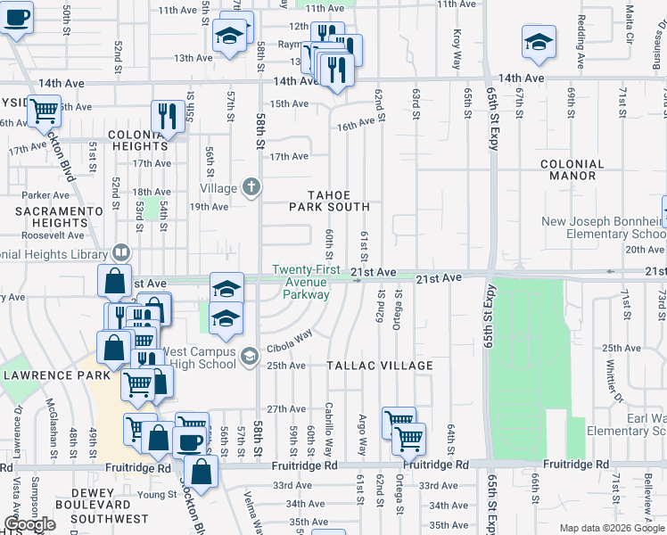 map of restaurants, bars, coffee shops, grocery stores, and more near 4800 Cibola Way in Sacramento