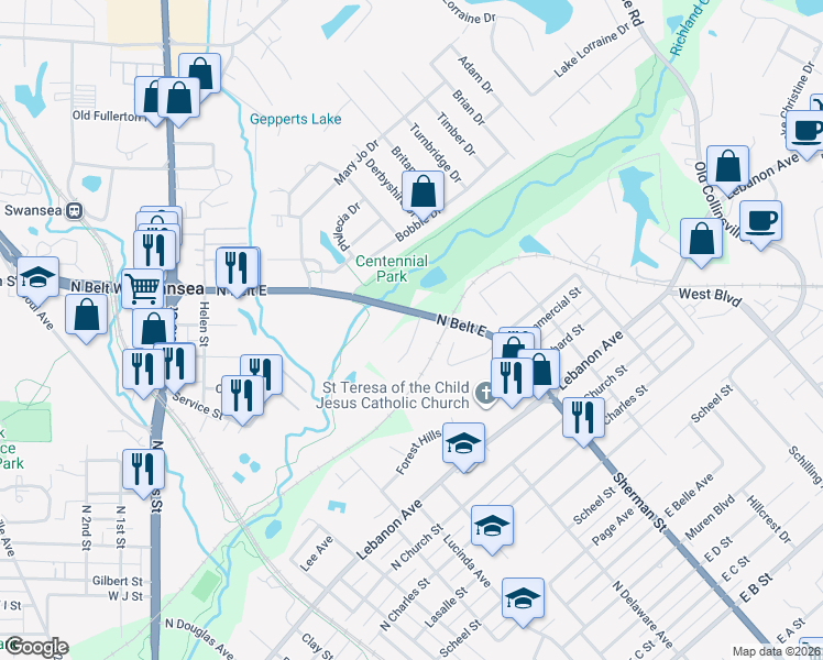map of restaurants, bars, coffee shops, grocery stores, and more near 1671 Shadow Ridge Court in Belleville