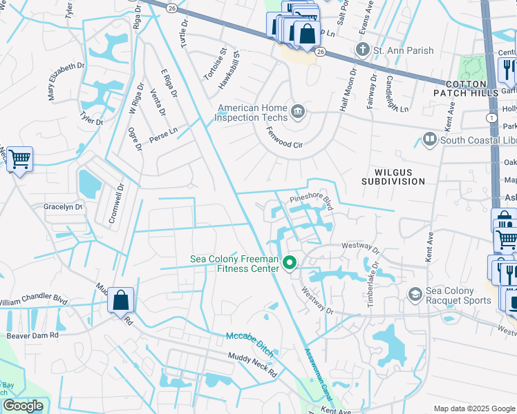 map of restaurants, bars, coffee shops, grocery stores, and more near 56092 Cypress Lake Circle in Bethany Beach