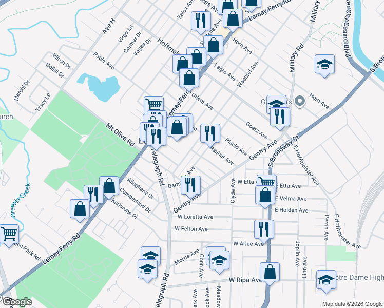 map of restaurants, bars, coffee shops, grocery stores, and more near 1213 Dammert Avenue in St. Louis