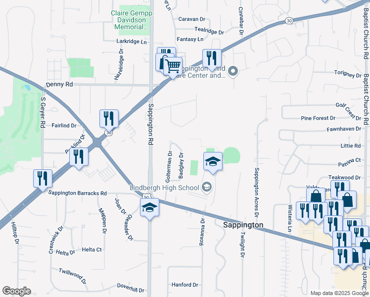 map of restaurants, bars, coffee shops, grocery stores, and more near 10342 Badgley Drive in Sappington