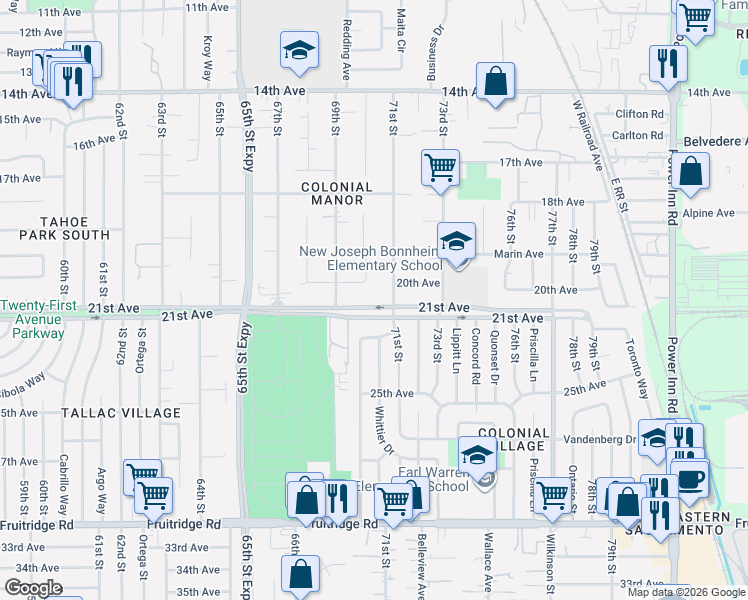 map of restaurants, bars, coffee shops, grocery stores, and more near 7060 21st Avenue in Sacramento