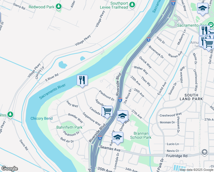map of restaurants, bars, coffee shops, grocery stores, and more near 1050 Rio Lane in Sacramento