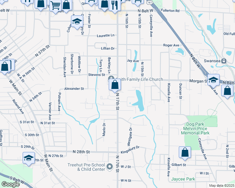 map of restaurants, bars, coffee shops, grocery stores, and more near 1300 North 17th Street in Belleville
