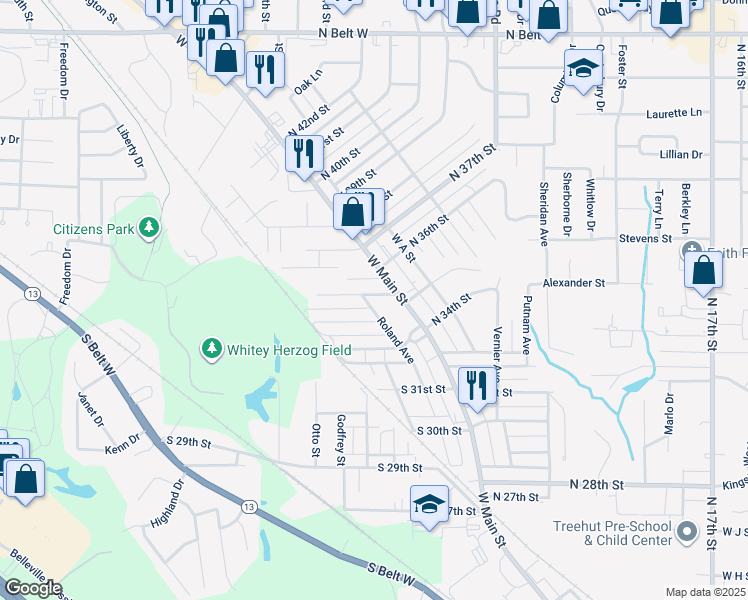 map of restaurants, bars, coffee shops, grocery stores, and more near 103 South 34th Street in Belleville