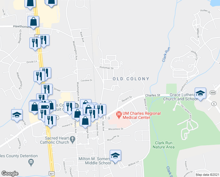 map of restaurants, bars, coffee shops, grocery stores, and more near 113 Kalmia Court in La Plata