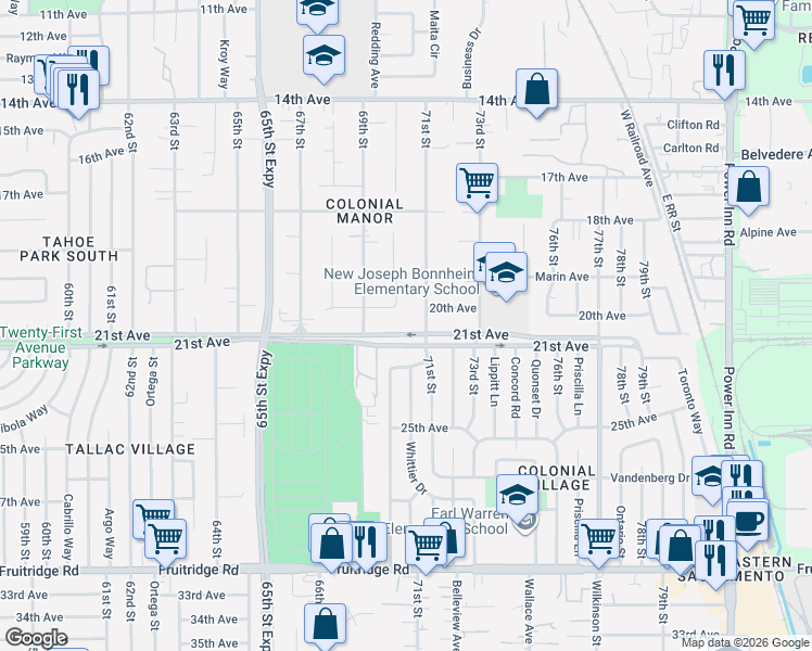 map of restaurants, bars, coffee shops, grocery stores, and more near 7060 21st Avenue in Sacramento