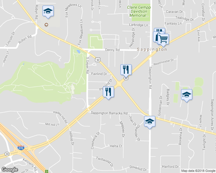 map of restaurants, bars, coffee shops, grocery stores, and more near 11808 Sunlind Drive in Saint Louis