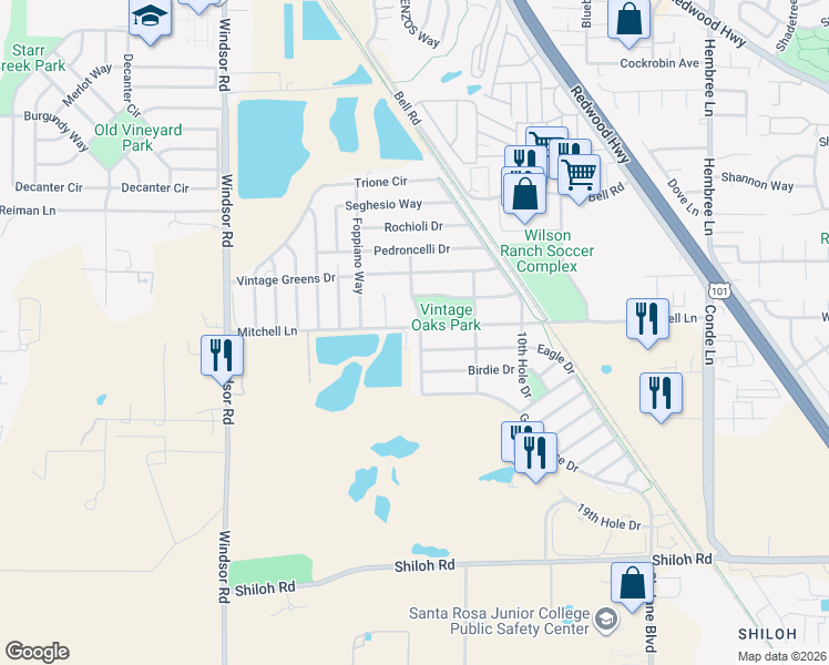 map of restaurants, bars, coffee shops, grocery stores, and more near 7700 8th Hole Drive in Windsor