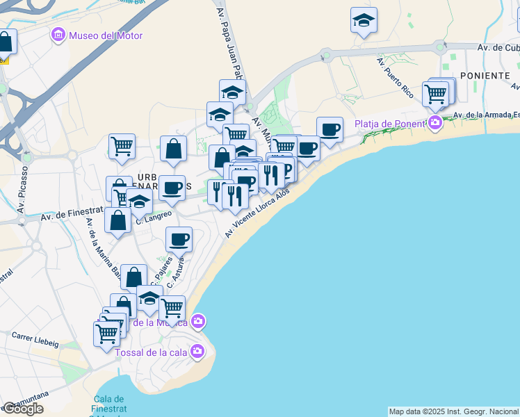 map of restaurants, bars, coffee shops, grocery stores, and more near 16 Avenida Vicente Llorca Alós in Benidorm