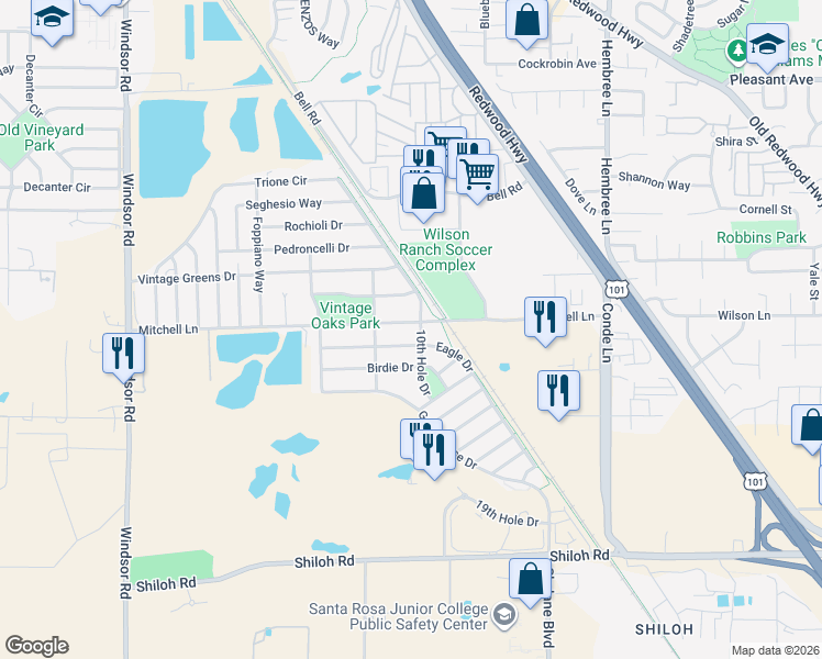 map of restaurants, bars, coffee shops, grocery stores, and more near 1218 Eagle Drive in Windsor