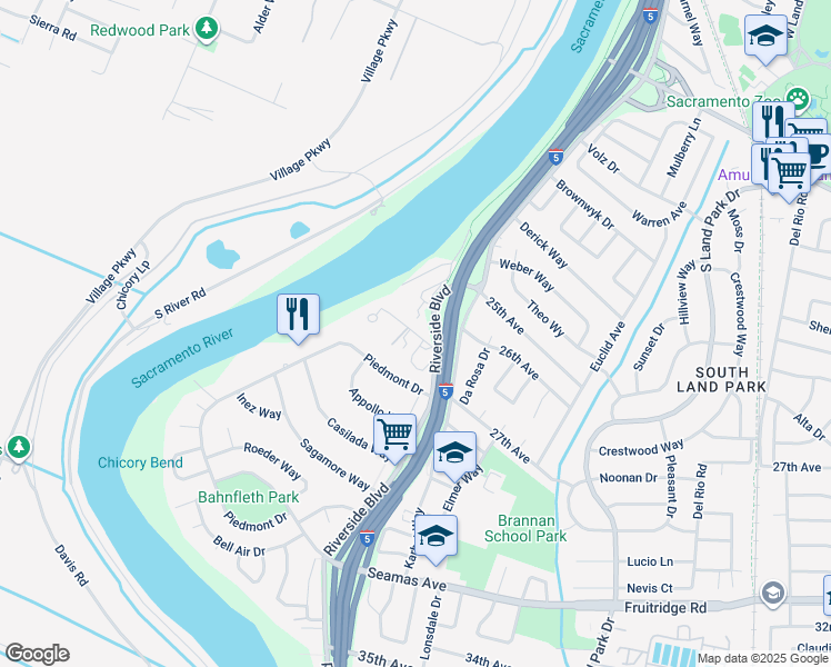 map of restaurants, bars, coffee shops, grocery stores, and more near 1050 Rio Lane in Sacramento