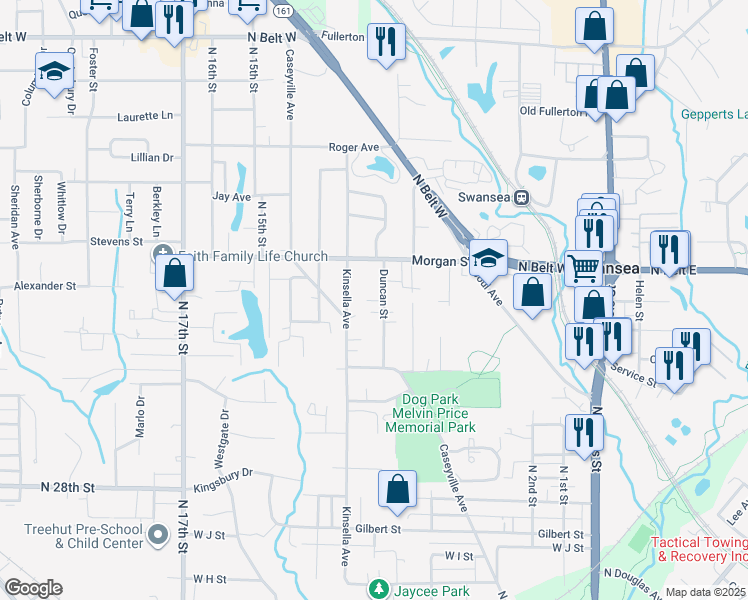 map of restaurants, bars, coffee shops, grocery stores, and more near 1625 Duncan Street in Belleville