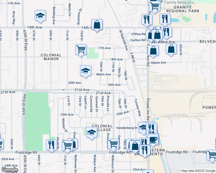 map of restaurants, bars, coffee shops, grocery stores, and more near 7696 20th Avenue in Sacramento