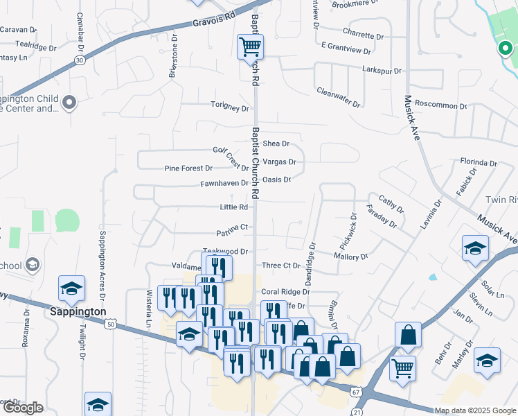 map of restaurants, bars, coffee shops, grocery stores, and more near 10130 Baptist Church Road in St. Louis