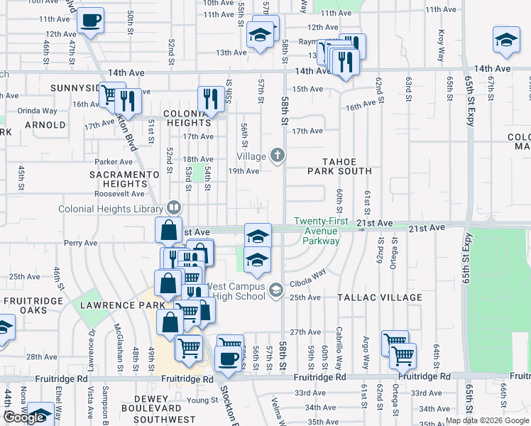 map of restaurants, bars, coffee shops, grocery stores, and more near 5533 20th Avenue in Sacramento