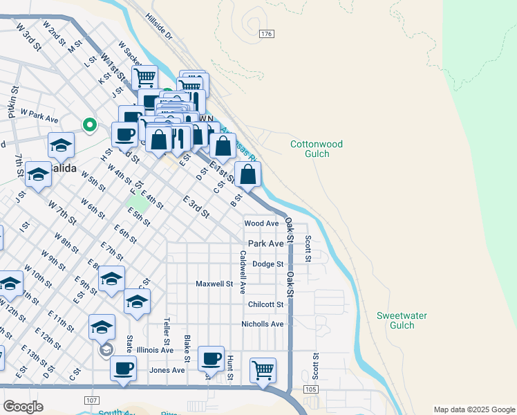 map of restaurants, bars, coffee shops, grocery stores, and more near 536 East 1st Street in Salida
