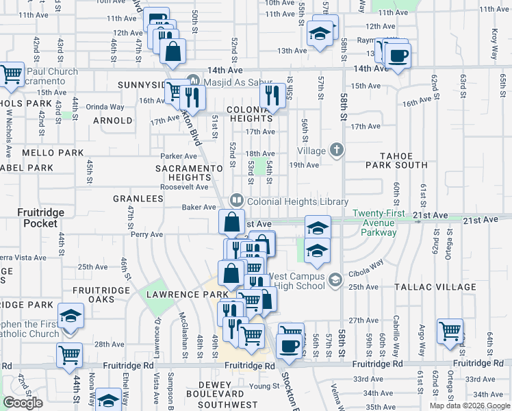map of restaurants, bars, coffee shops, grocery stores, and more near 4440 53rd Street in Sacramento
