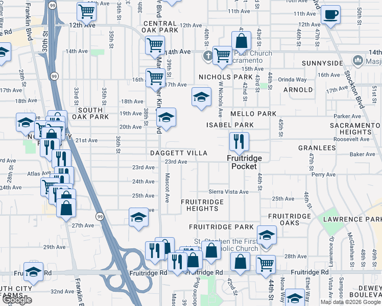 map of restaurants, bars, coffee shops, grocery stores, and more near 4005 22nd Avenue in Sacramento